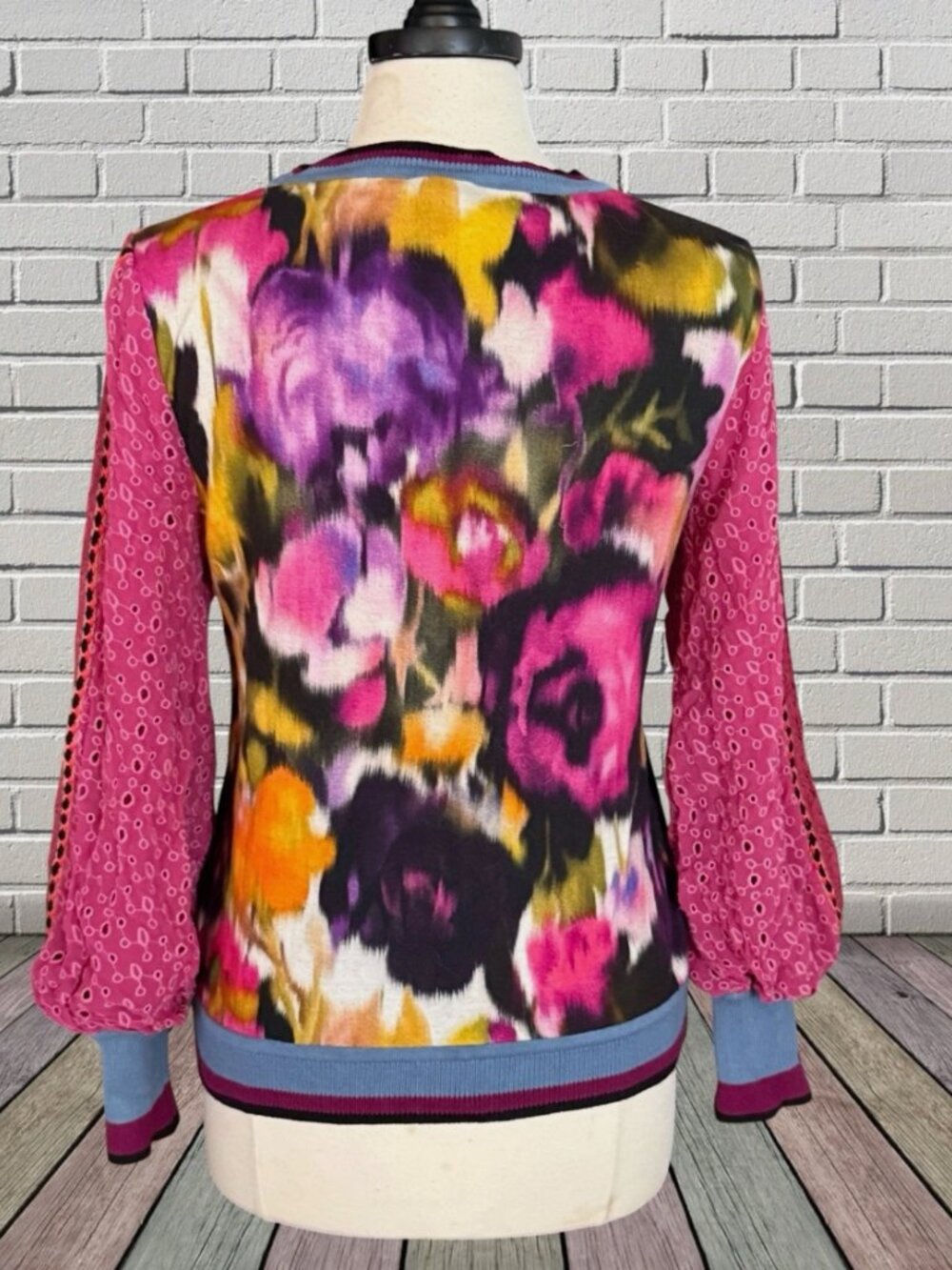 Anthropologie Bl-nk London Pullover Blouse M Pink Contrast Eyelet Puff Sleeve - Picture 6 of 12